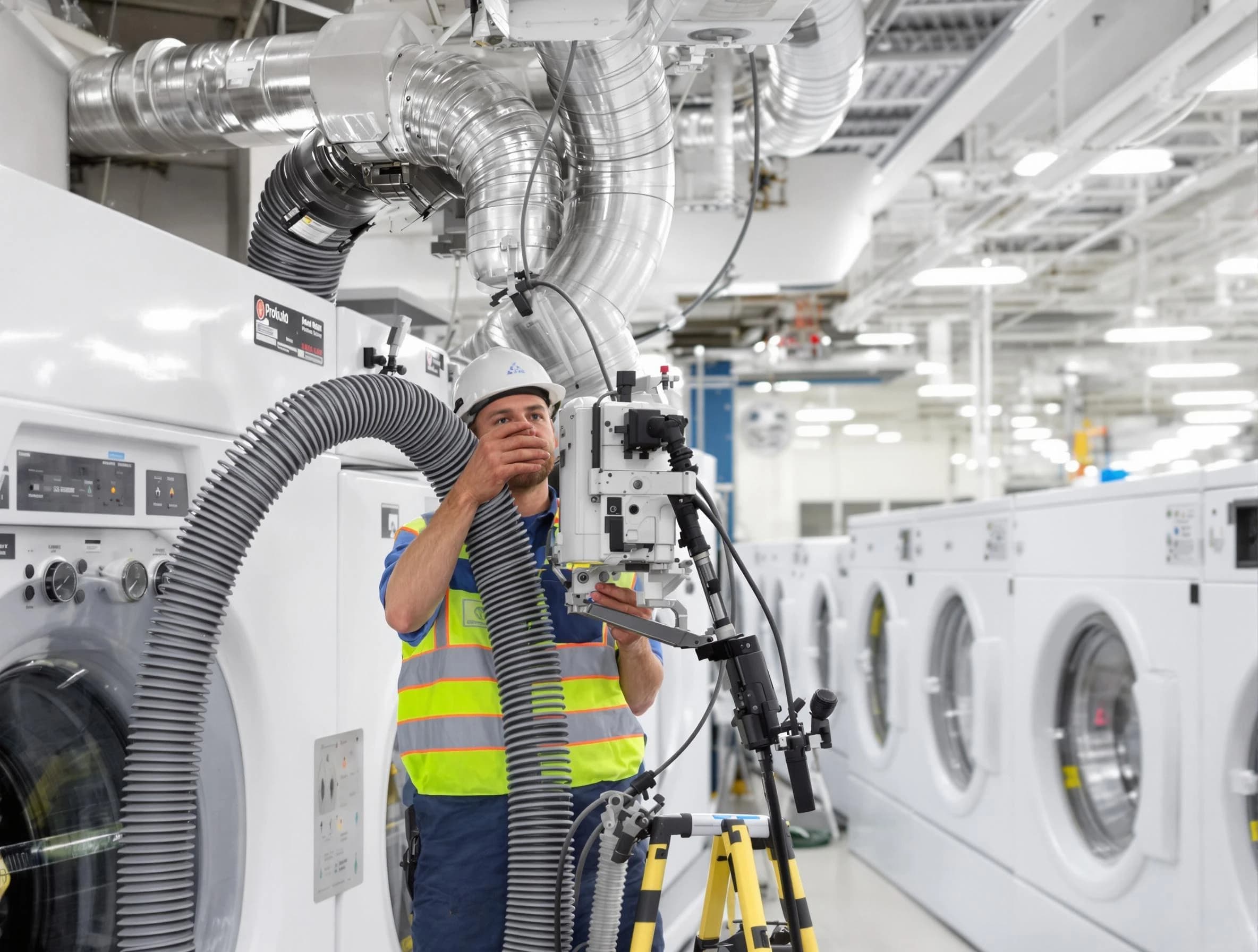 Randolph Dryer Vent Cleaning team performing commercial-grade dryer vent cleaning at a business facility in Randolph