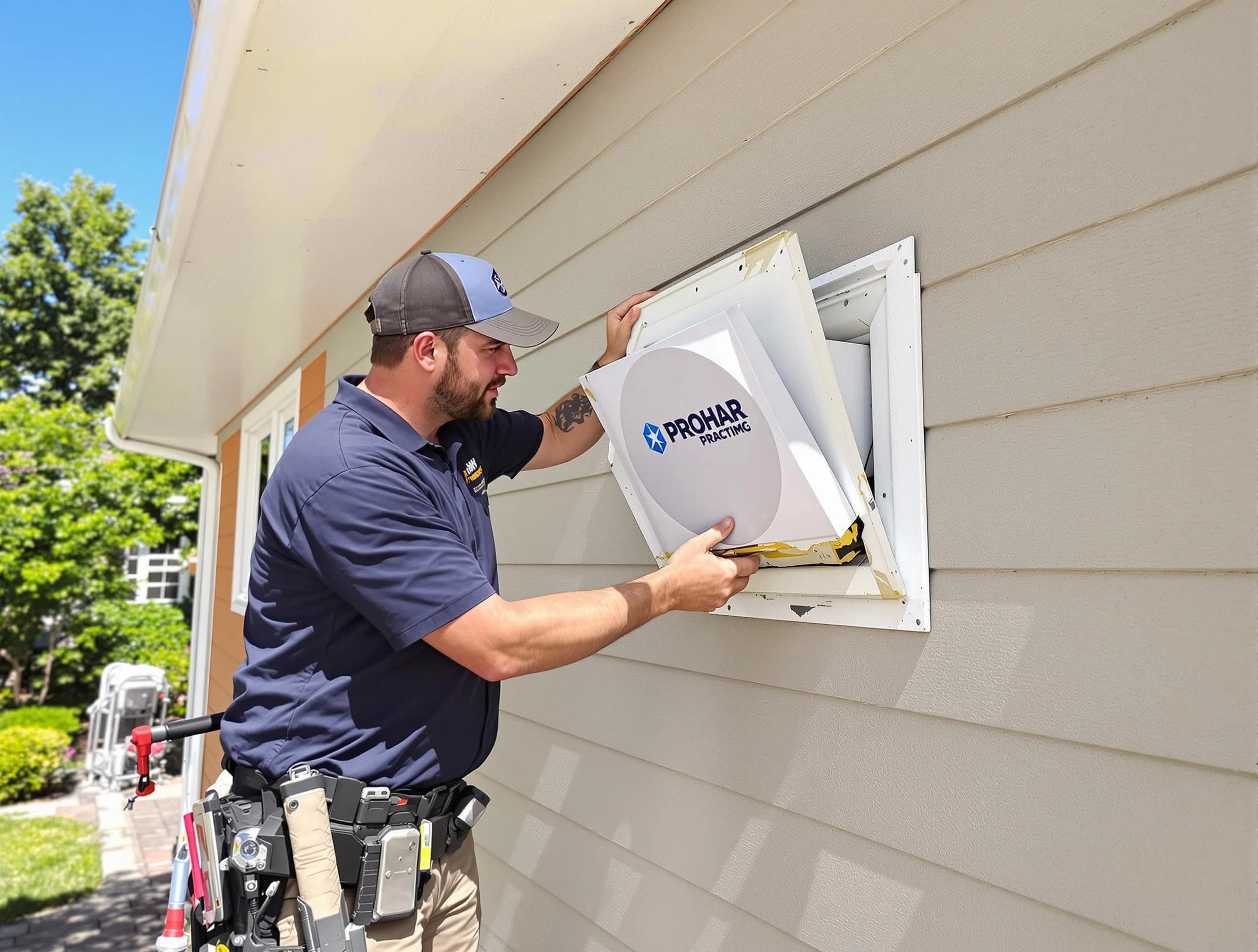 Randolph Dryer Vent Cleaning technician installing a new protective dryer vent cover on a home in Randolph