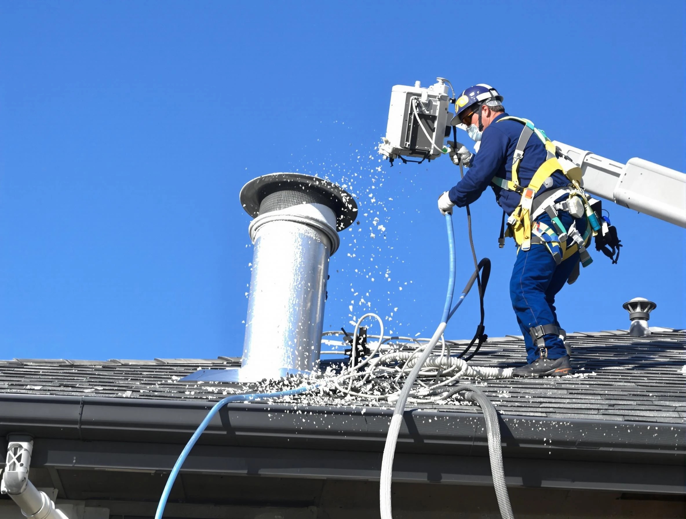 Randolph Dryer Vent Cleaning certified technician safely cleaning a roof-mounted dryer vent in Randolph