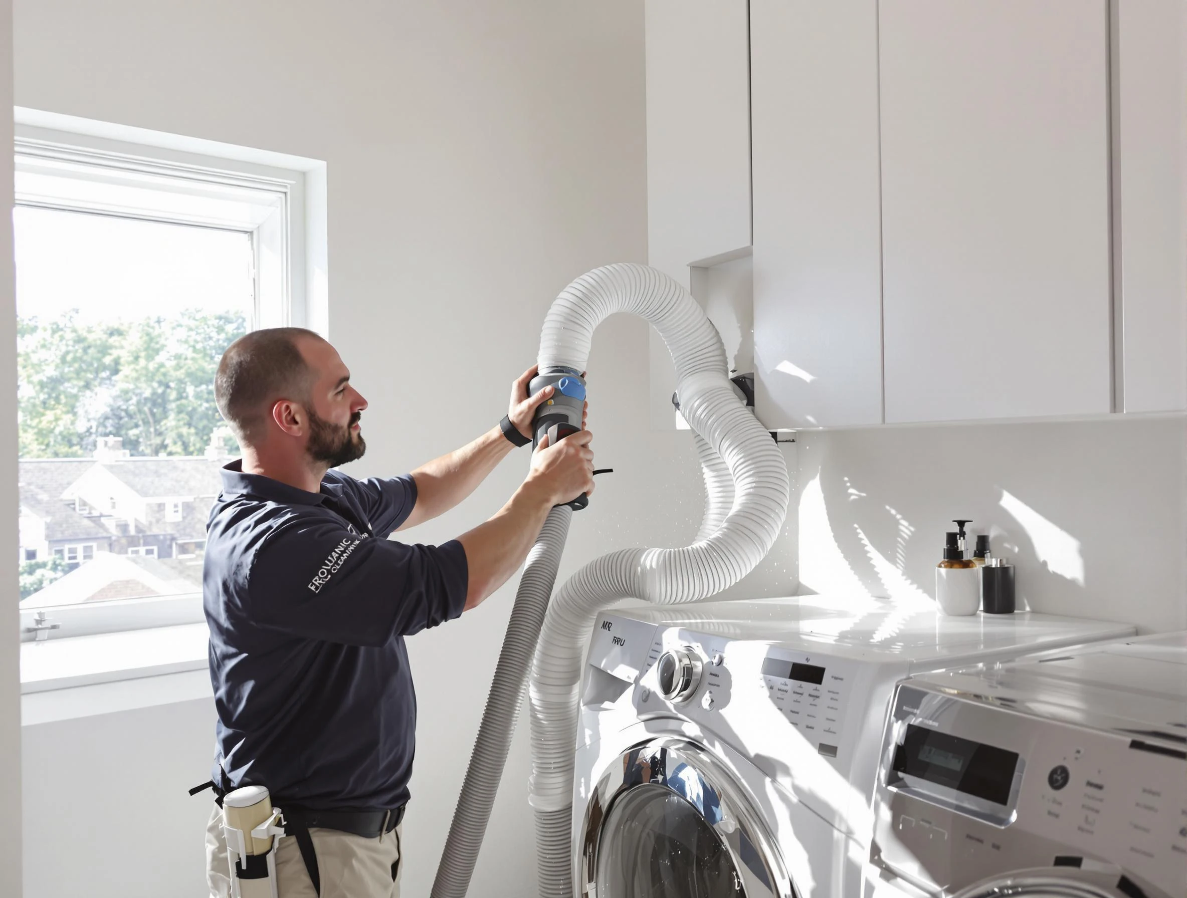 Certified Randolph Dryer Vent Cleaning technician performing dryer vent cleaning in Randolph