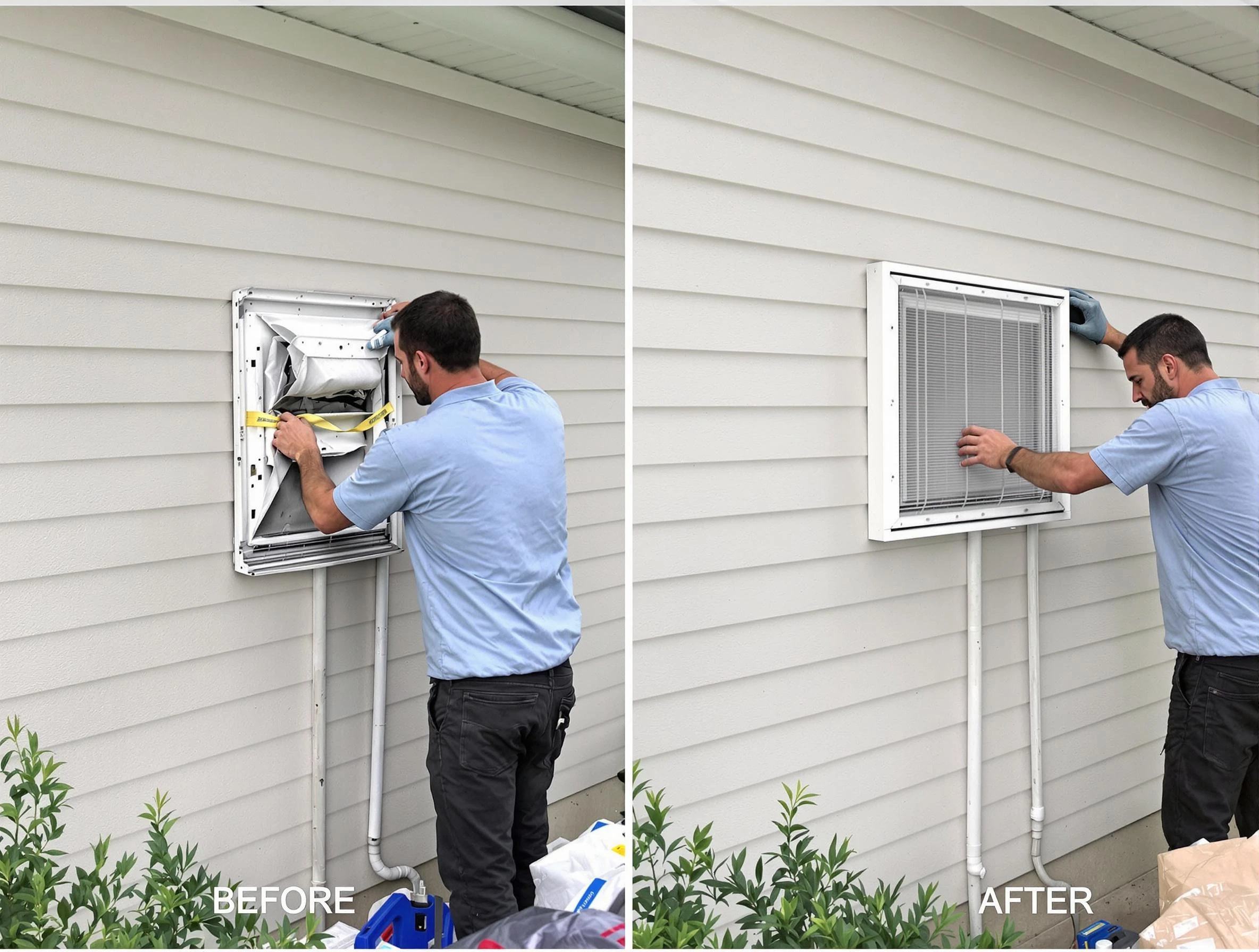 Randolph Dryer Vent Cleaning technician installing high-quality dryer vent cover at a residential property in Randolph